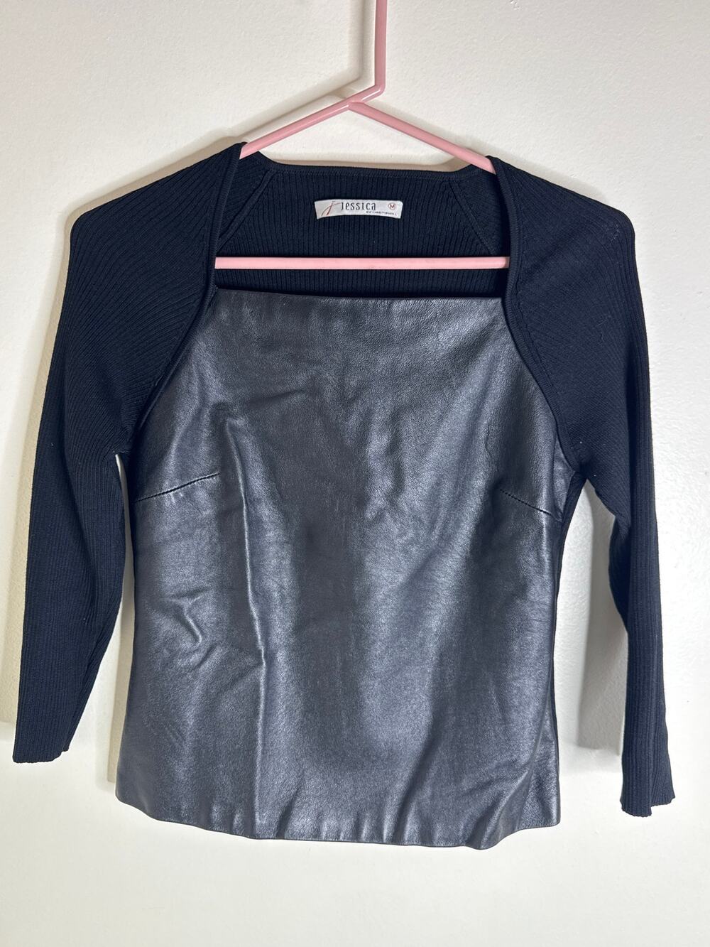 VTG Jessica by Christopher L Genuine Leather Front Panel Ribbed Knit Top M Y2K
